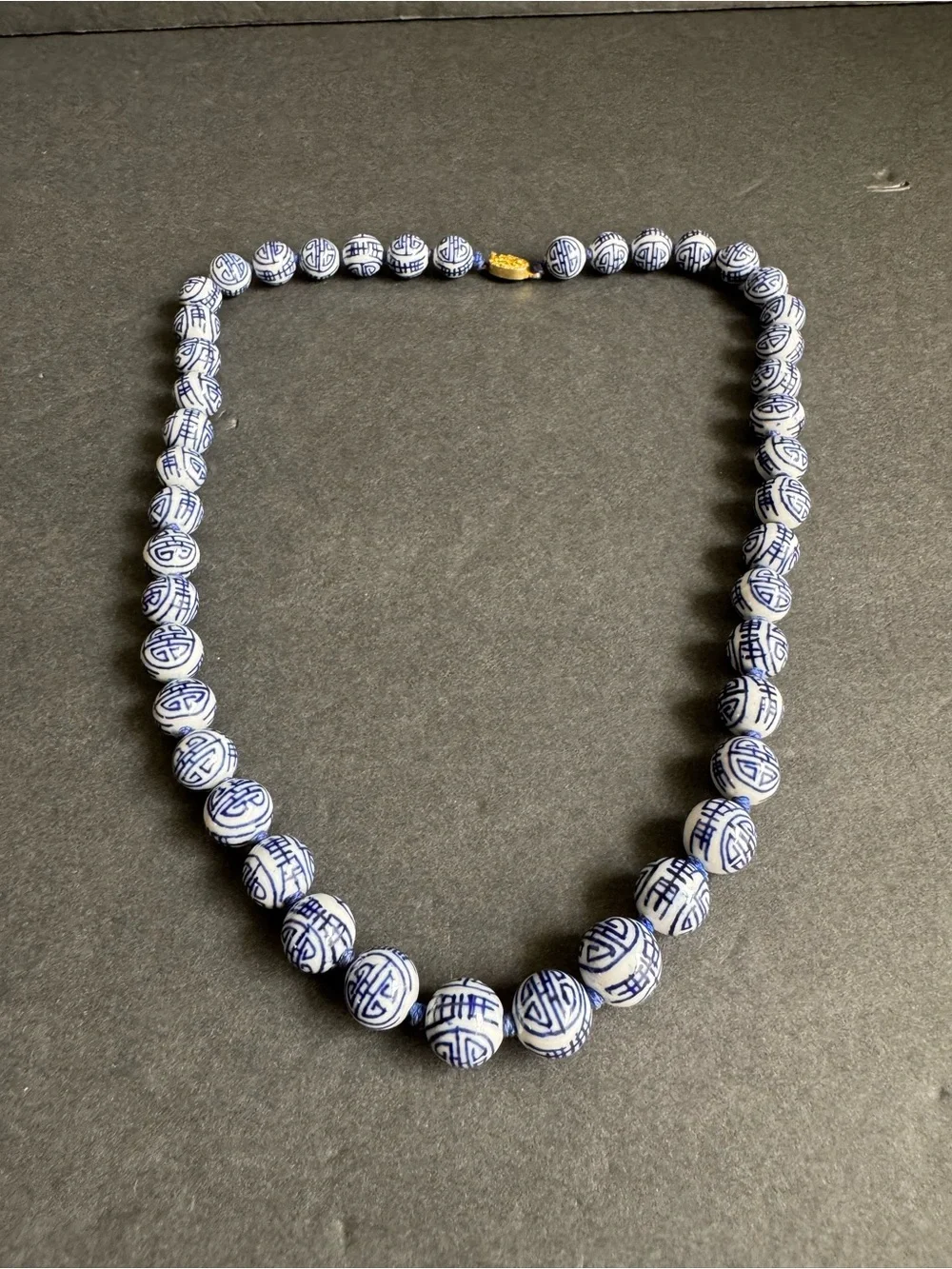 Vintage Chinese Shou Bead Necklace Blue White Porcelain Beaded Longevity 24
